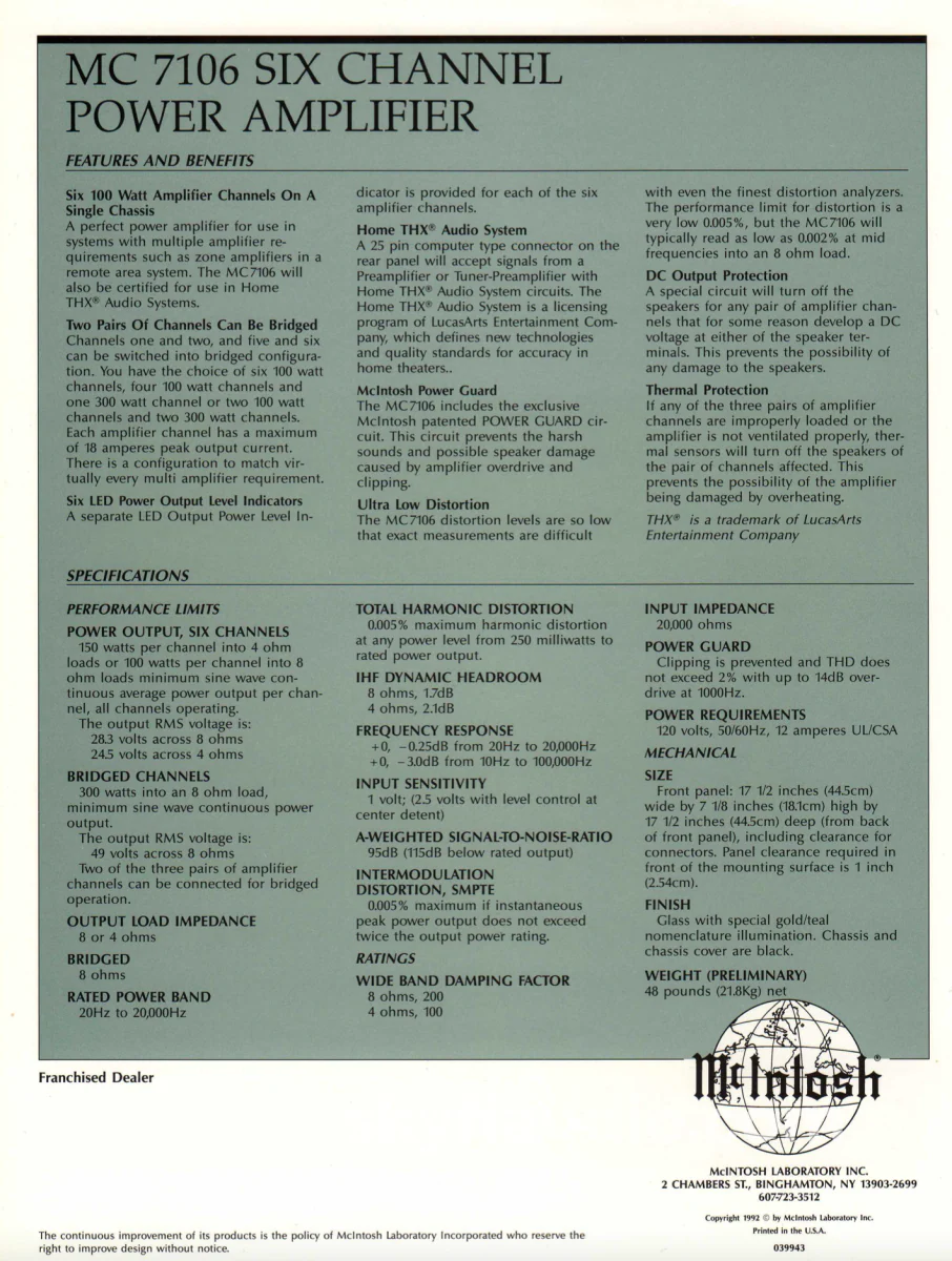 McIntosh MC7106, 6 Channel Solid State Amp w/LED VU Meters, Lucasfilm THX Rated - Image 15